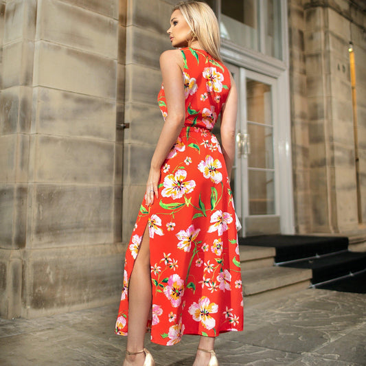 AX Paris Orange Floral Cut Out Waist Midi Dress