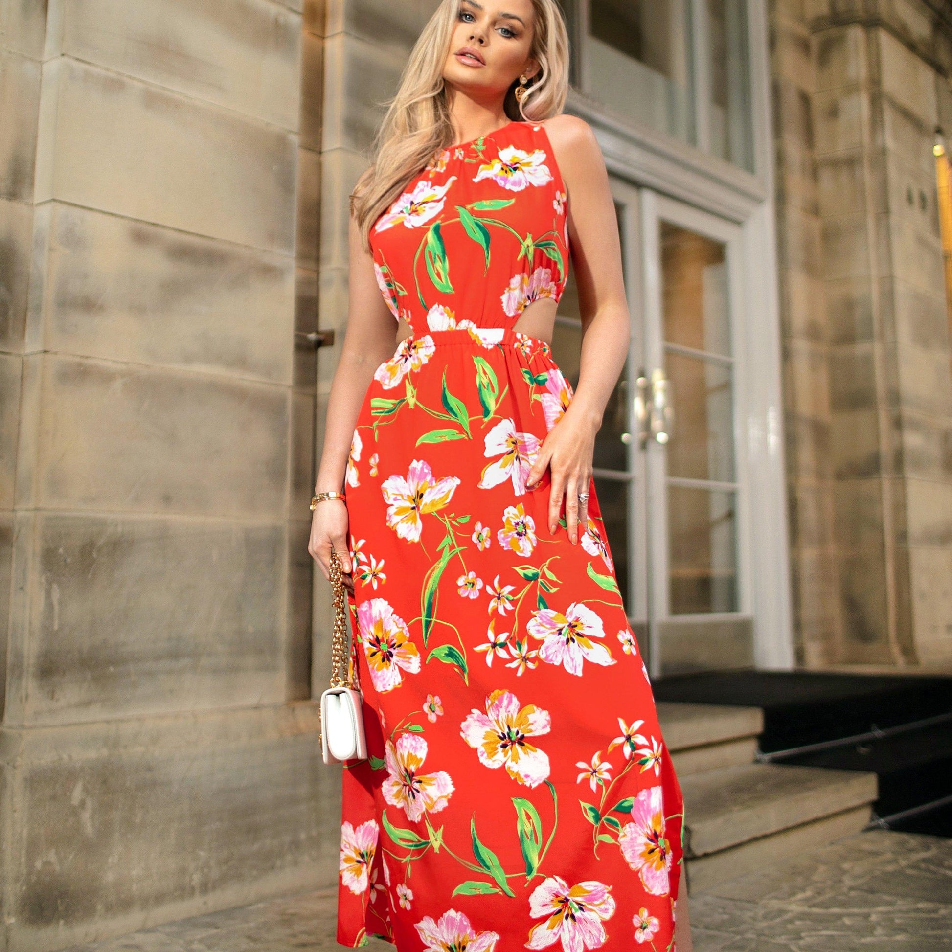 AX Paris Orange Floral Cut Out Waist Midi Dress