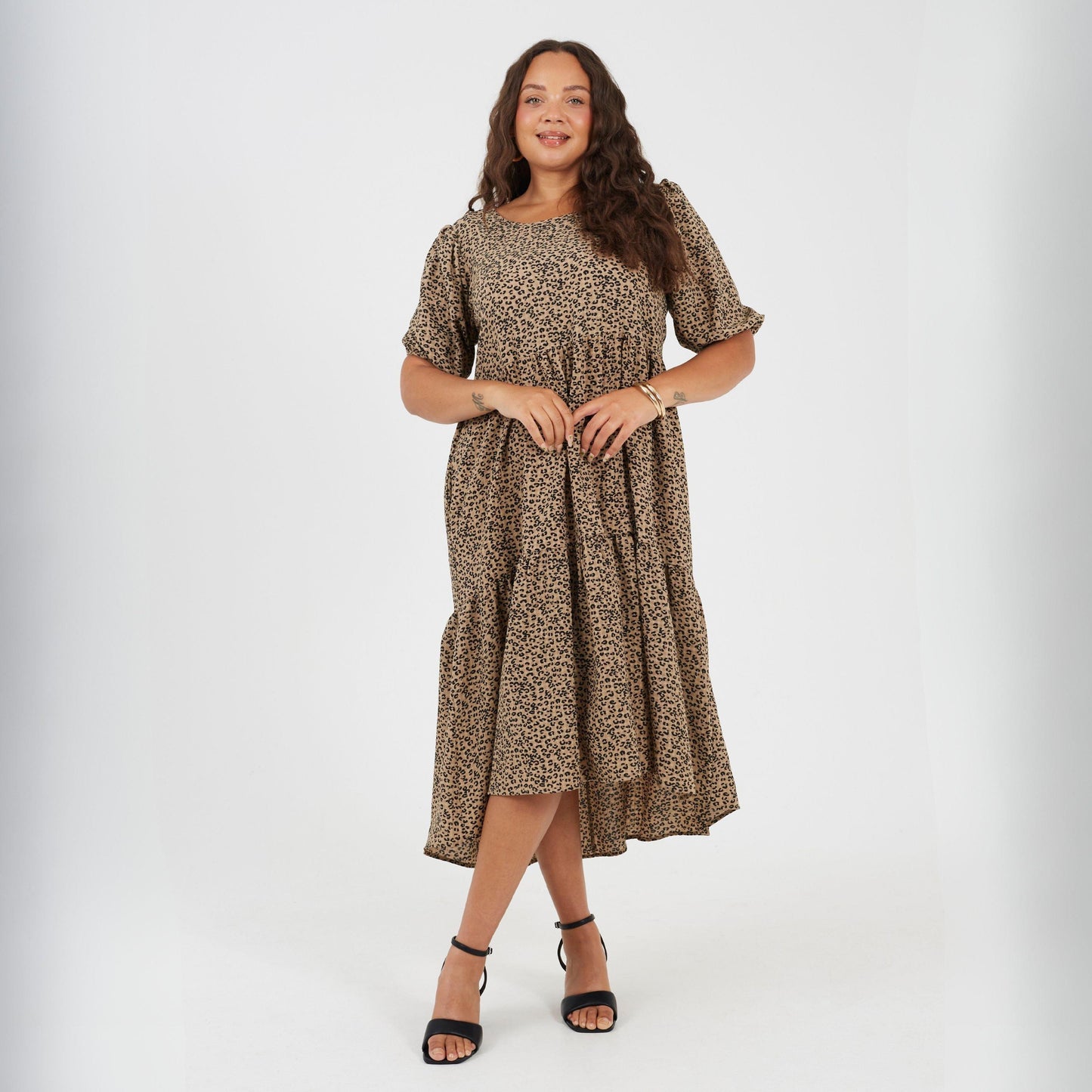 Brave Soul Plus Size Short Sleeve Animal Print Midi Dress with Tiered Hem