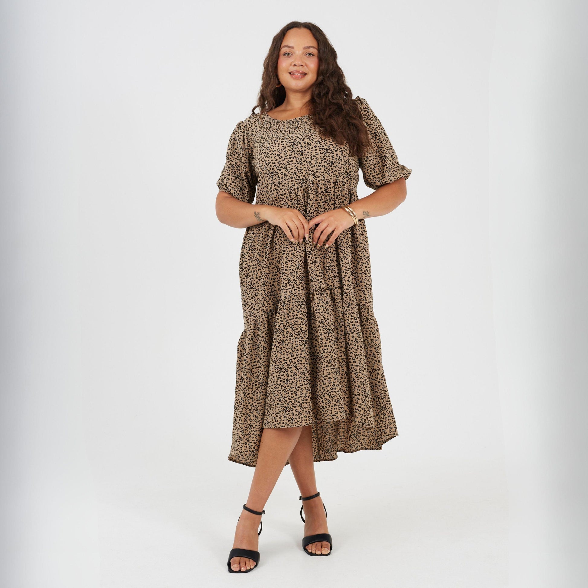 Brave Soul Plus Size Short Sleeve Animal Print Midi Dress with Tiered Hem