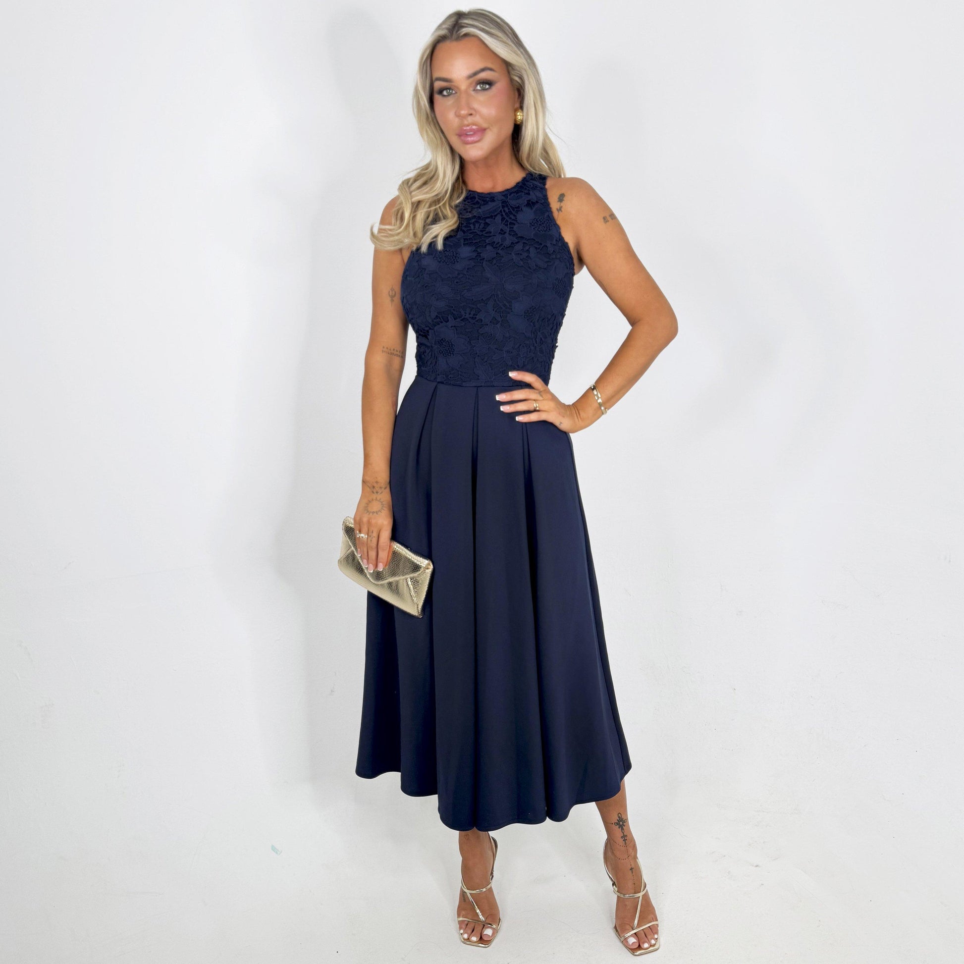AX Paris Navy Embroidered Top Overlay A-Line Skirt Midi Dress