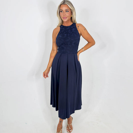 AX Paris Navy Embroidered Top Overlay A-Line Skirt Midi Dress