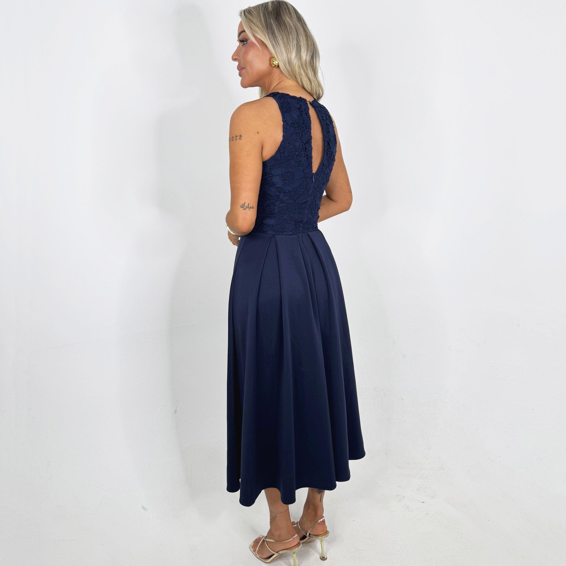 AX Paris Navy Embroidered Top Overlay A-Line Skirt Midi Dress