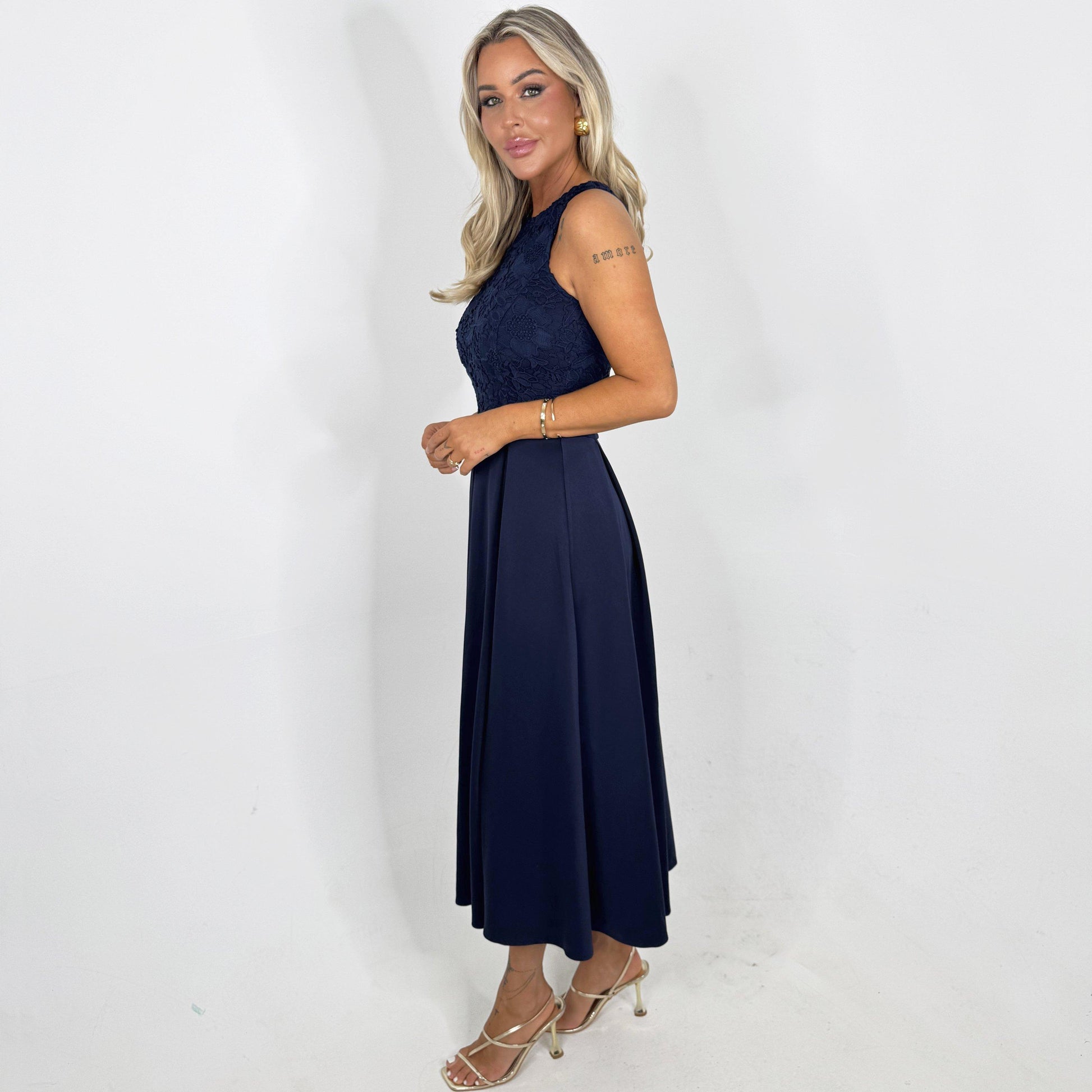 AX Paris Navy Embroidered Top Overlay A-Line Skirt Midi Dress