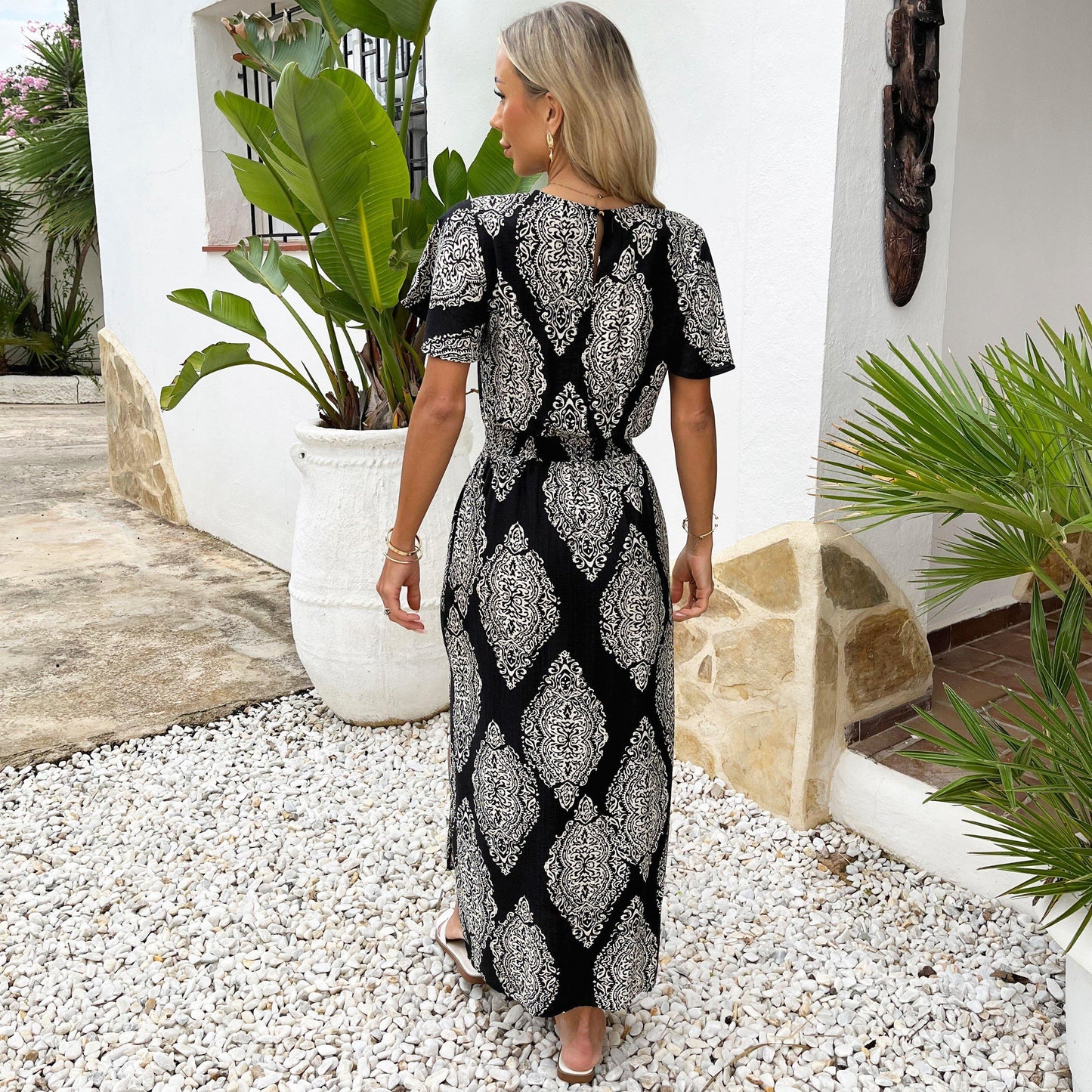AX Paris Black And Cream Boho Print Flutter Sleeve Midi Dress