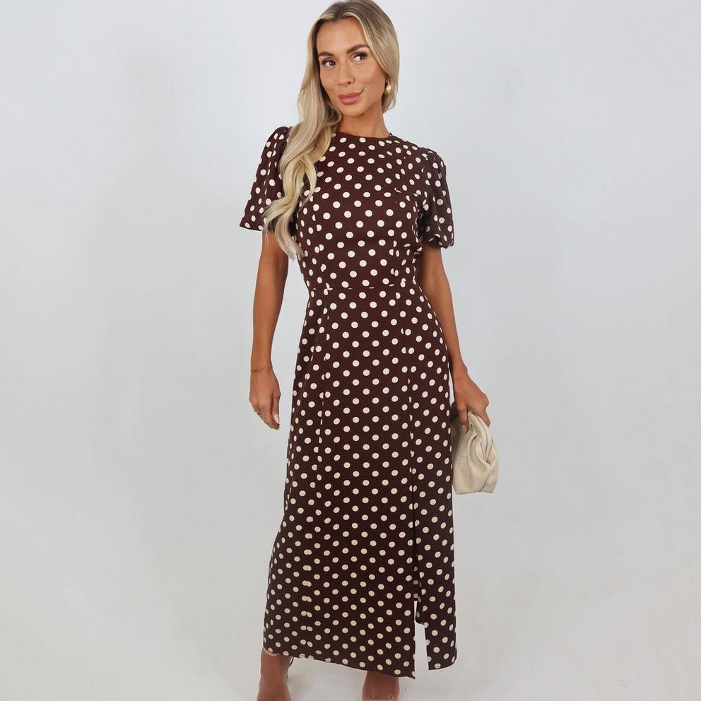 Polka Dot Print Puff Sleeve Midi Dress