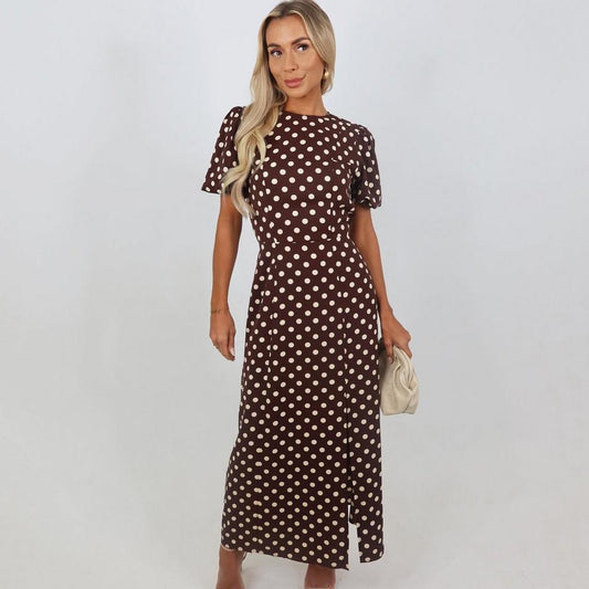 Polka Dot Print Puff Sleeve Midi Dress