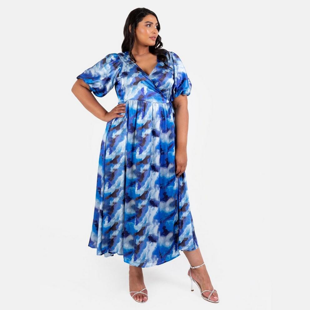 Lovedrobe Blue Satin Wrap Midaxi Dress