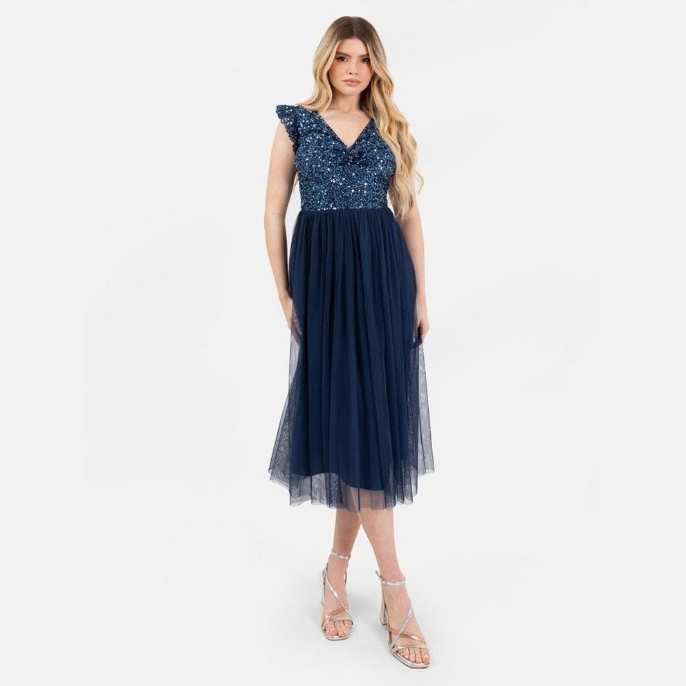Maya Navy Embellished Twist Bodice Midi Dress