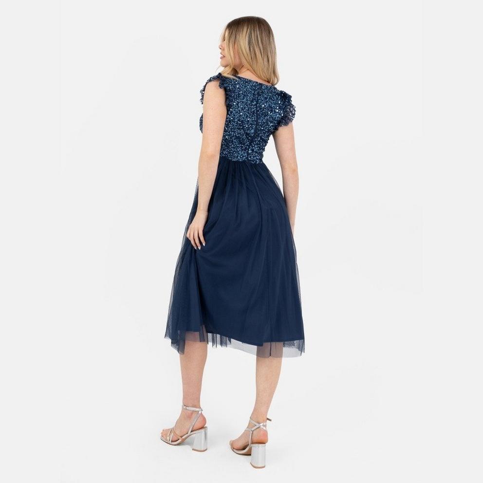Maya Navy Embellished Twist Bodice Midi Dress