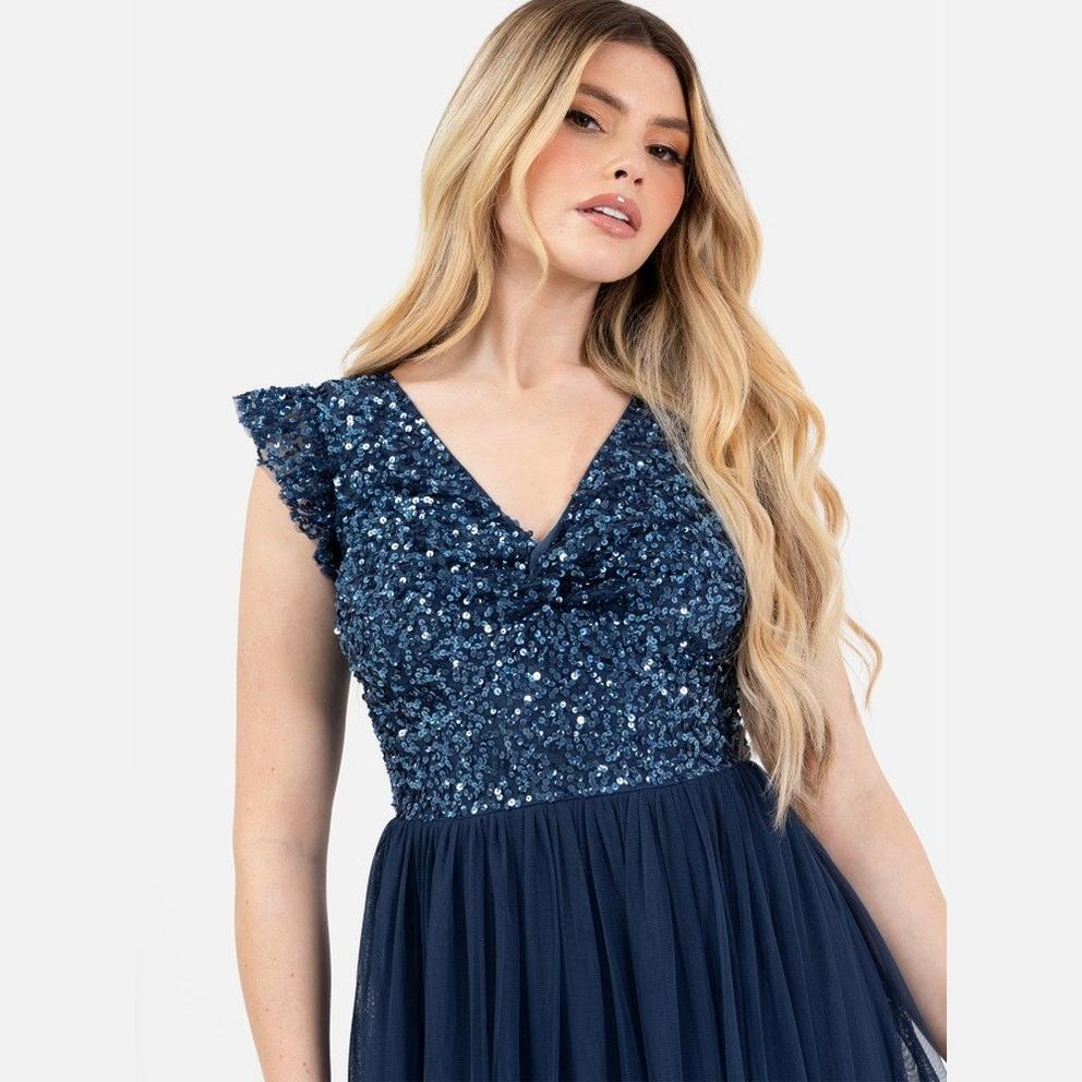Maya Navy Embellished Twist Bodice Midi Dress