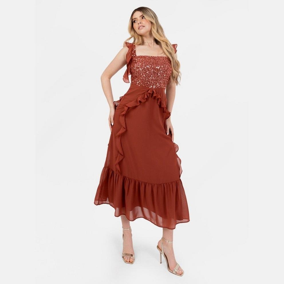 Maya Embellished Strappy Midi Dress with Ruffle Detail