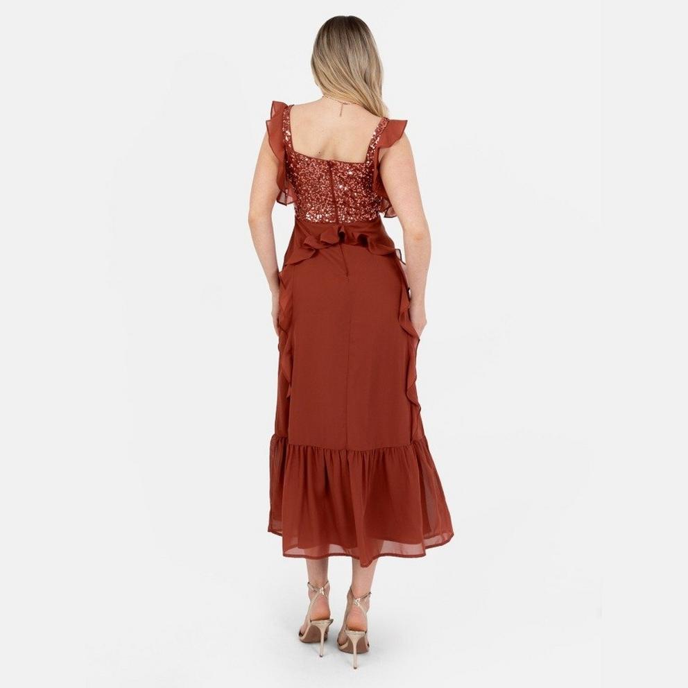 Maya Embellished Strappy Midi Dress with Ruffle Detail