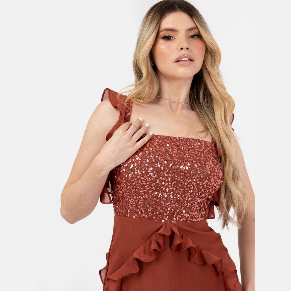Maya Embellished Strappy Midi Dress with Ruffle Detail