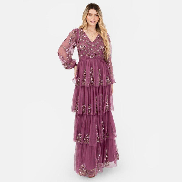 Maya Deluxe Maya Purple Embellished Maxi Sleeve Tiered Maxi Dress