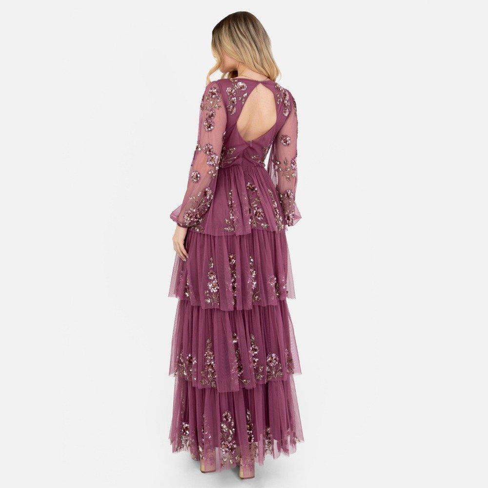 Maya Deluxe Maya Purple Embellished Maxi Sleeve Tiered Maxi Dress
