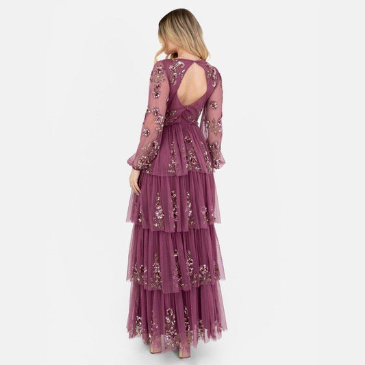 Maya Deluxe Maya Purple Embellished Maxi Sleeve Tiered Maxi Dress