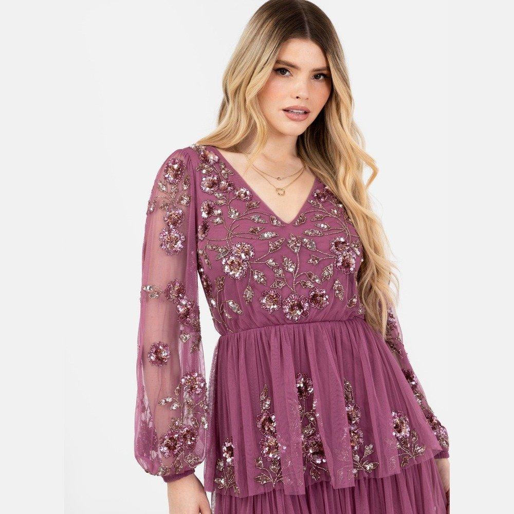 Maya Deluxe Maya Purple Embellished Maxi Sleeve Tiered Maxi Dress