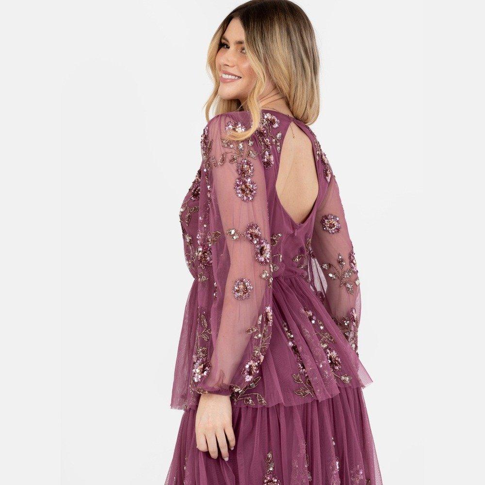 Maya Deluxe Maya Purple Embellished Maxi Sleeve Tiered Maxi Dress