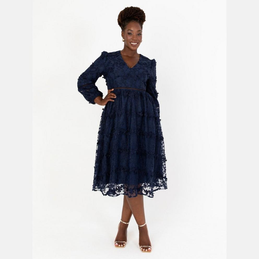 Maya 3D Floral Embroidered Maxi Sleeve Midi Dress