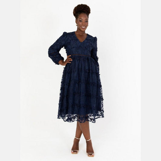 Maya 3D Floral Embroidered Maxi Sleeve Midi Dress