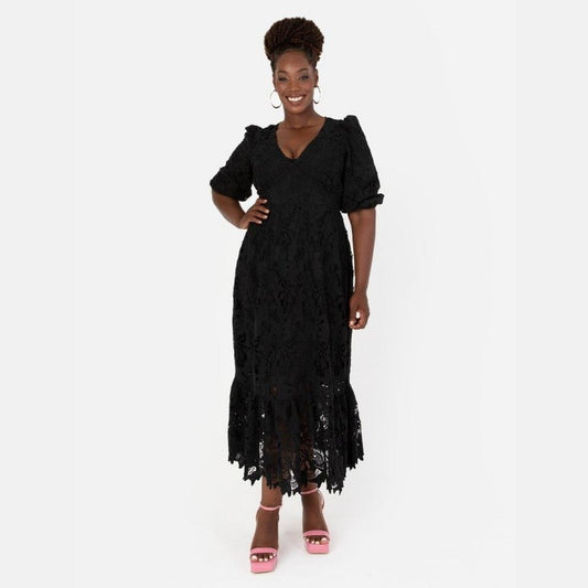 Maya Black Floral Lace Tie-Back Midaxi Dress