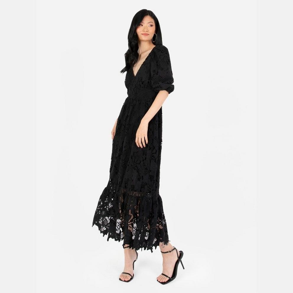 Maya Black Floral Lace Tie-Back Midaxi Dress