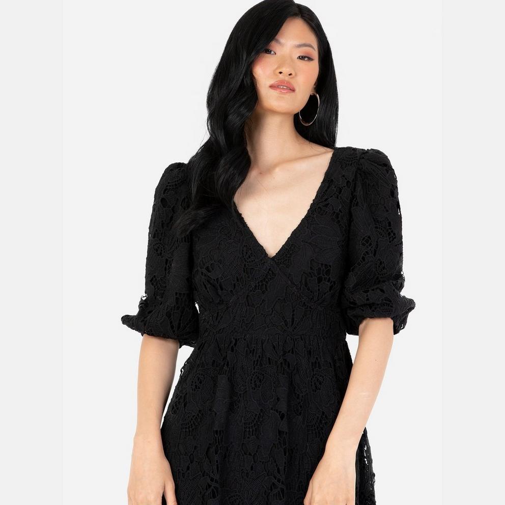 Maya Black Floral Lace Tie-Back Midaxi Dress