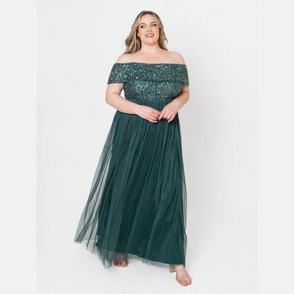 Maya Deluxe Maya Emerald Green Bridesmaid Bardot Embellished Maxi Dress