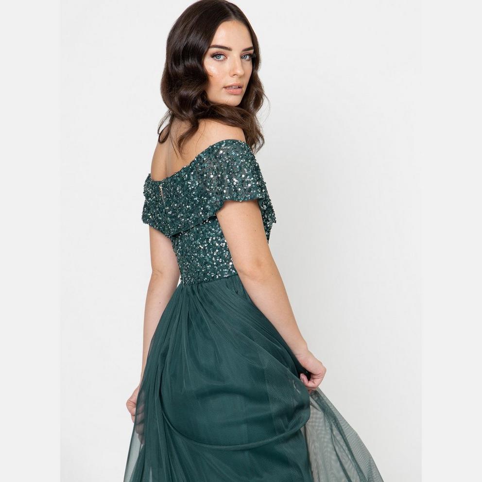 Maya Deluxe Maya Emerald Green Bridesmaid Bardot Embellished Maxi Dress