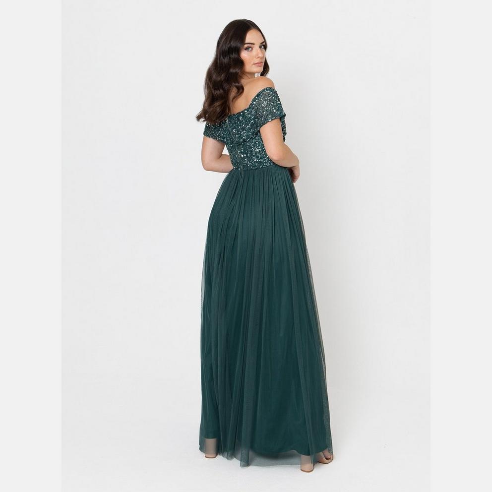 Maya Deluxe Maya Emerald Green Bridesmaid Bardot Embellished Maxi Dress