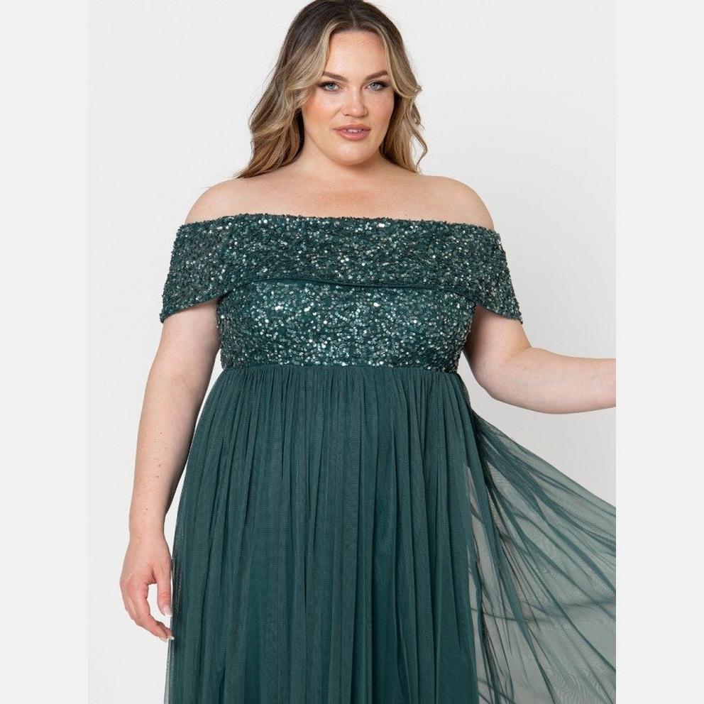 Maya Deluxe Maya Emerald Green Bridesmaid Bardot Embellished Maxi Dress
