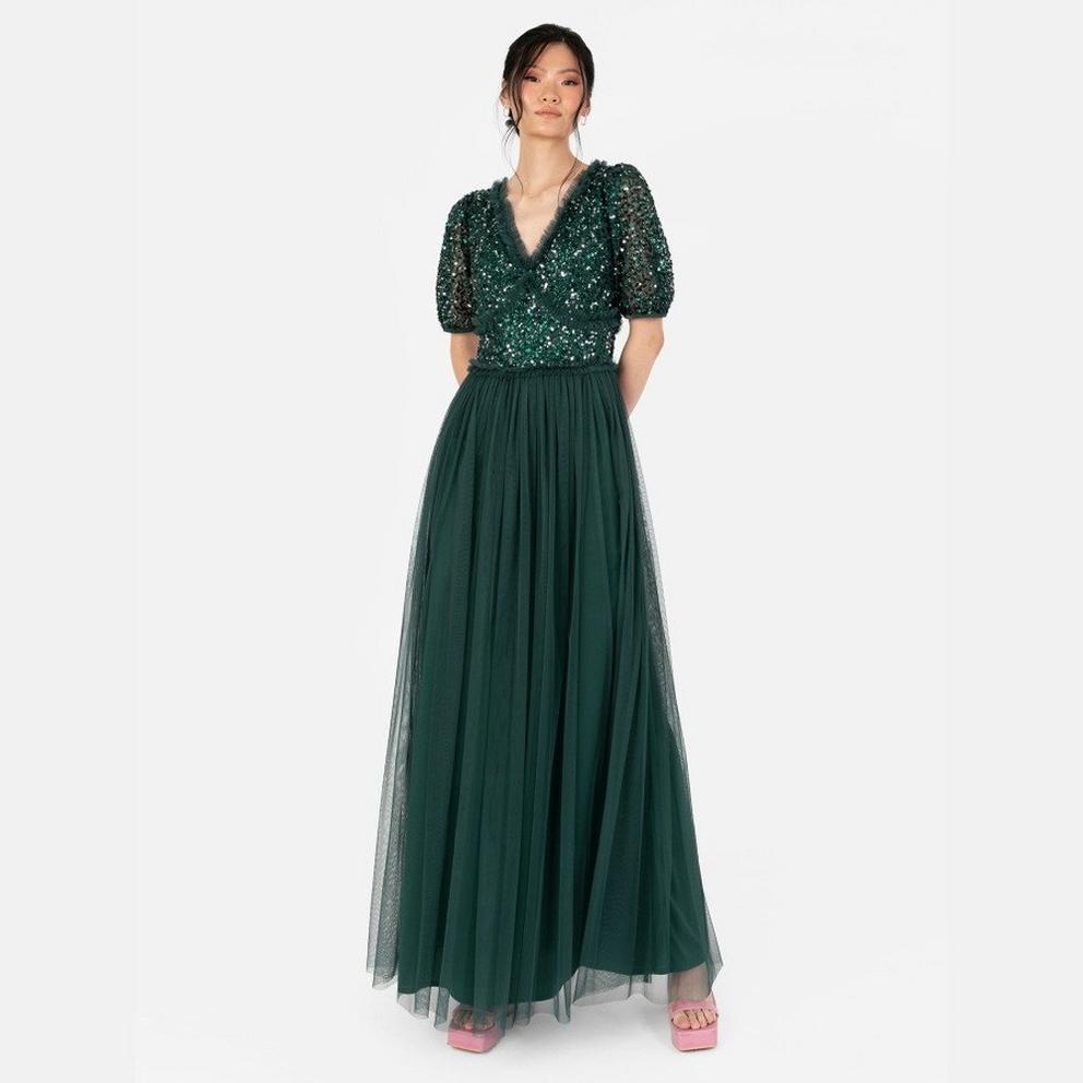 Maya Emerald Green Short Sleeve Embellished Maxi Dress