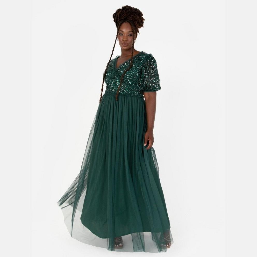 Maya Emerald Green Short Sleeve Embellished Maxi Dress