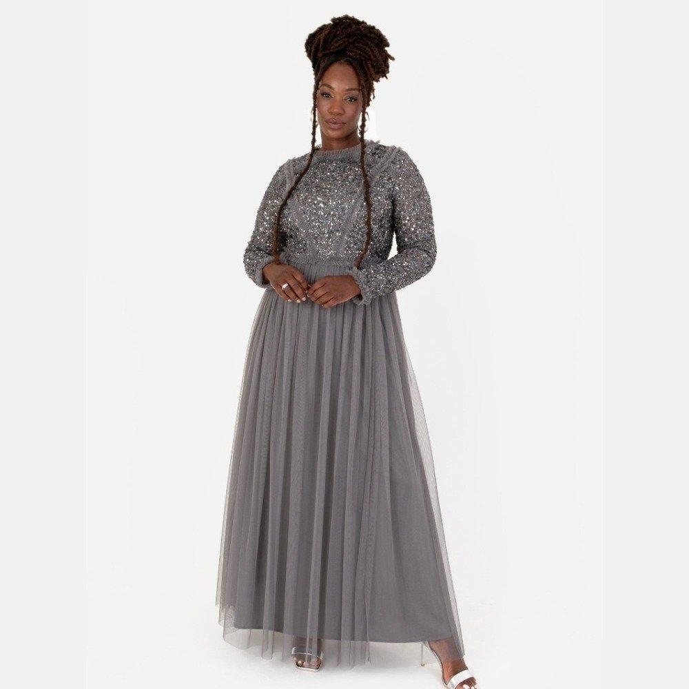 Maya Charcoal Maxi Sleeve Embellished Maxi Dress with Frill Detail