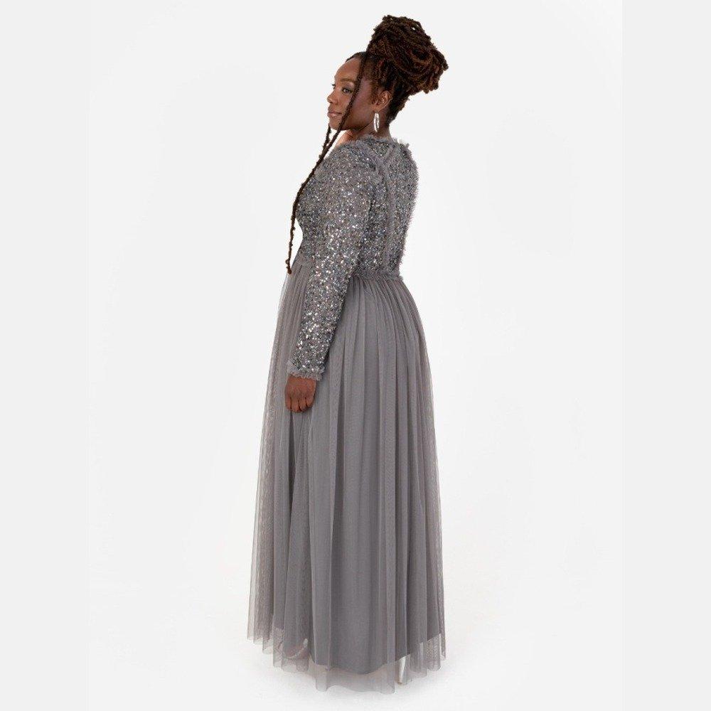 Maya Charcoal Maxi Sleeve Embellished Maxi Dress with Frill Detail