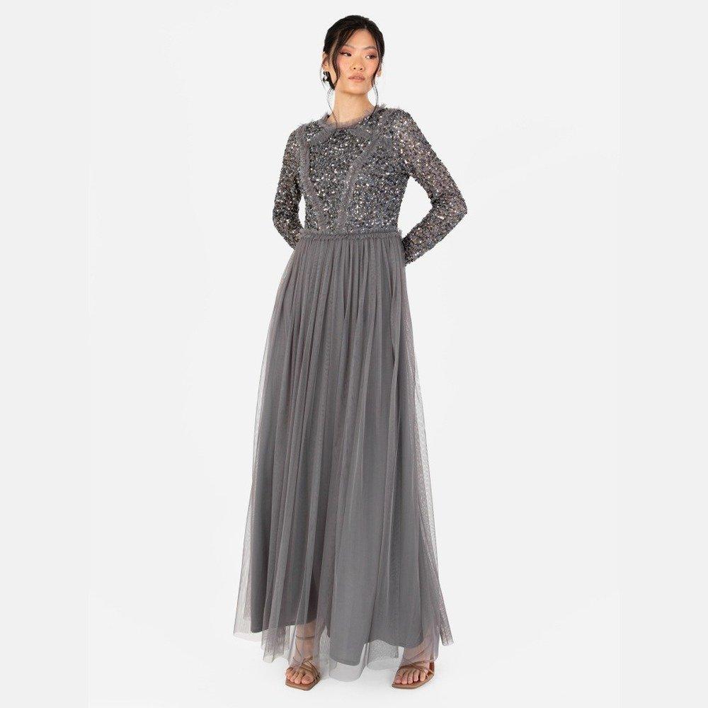 Maya Charcoal Maxi Sleeve Embellished Maxi Dress with Frill Detail