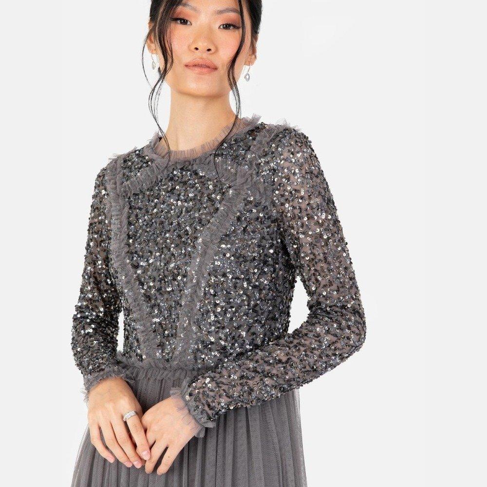 Maya Charcoal Maxi Sleeve Embellished Maxi Dress with Frill Detail