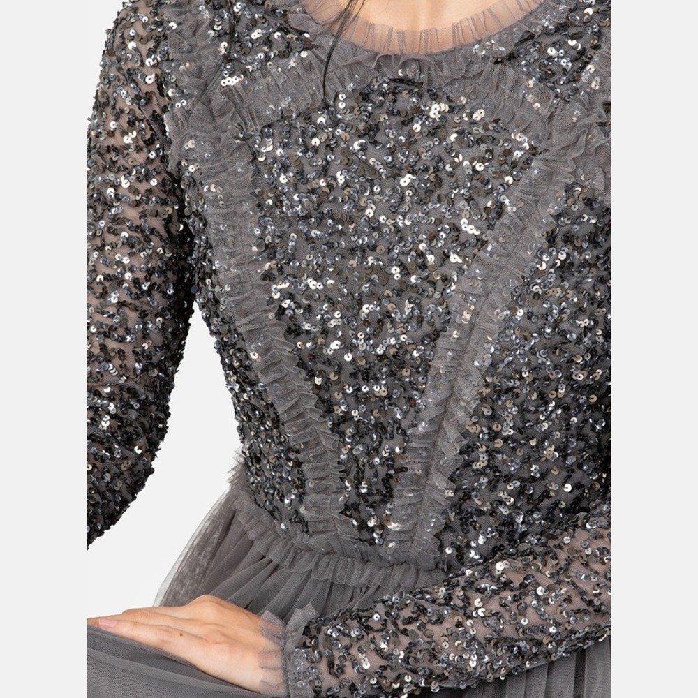 Maya Charcoal Maxi Sleeve Embellished Maxi Dress with Frill Detail