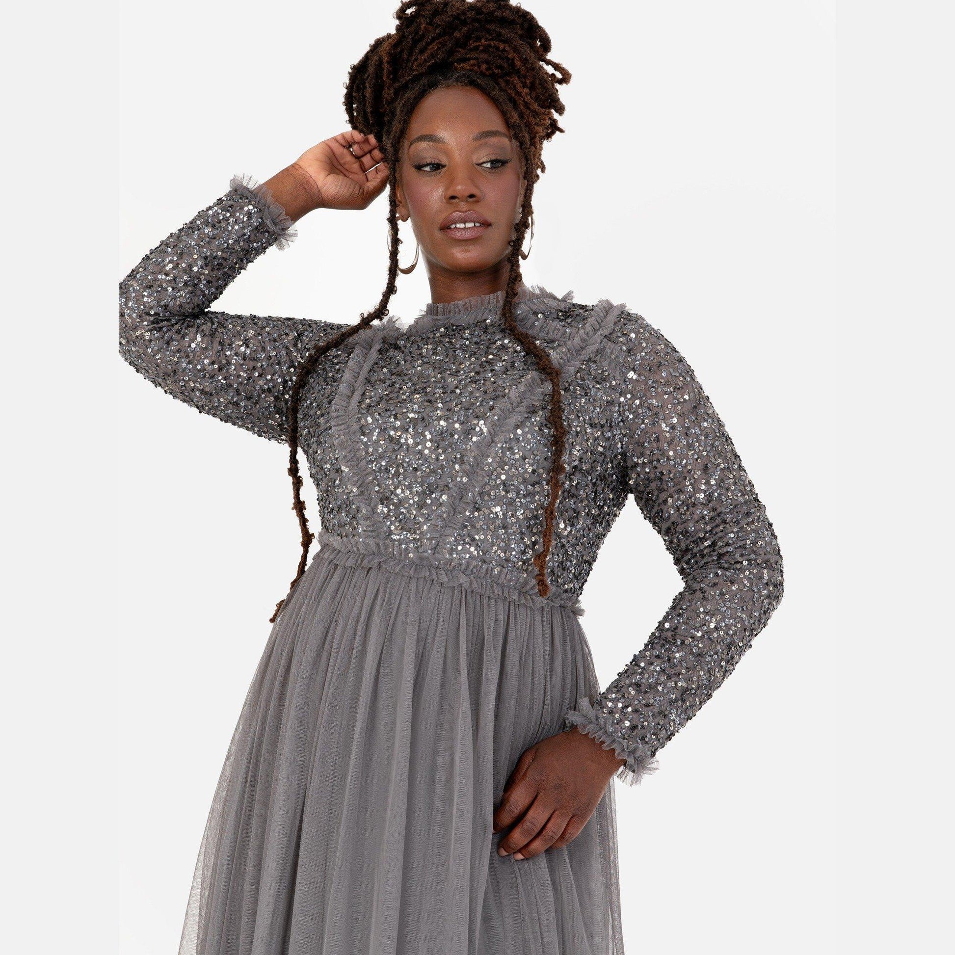 Maya Charcoal Maxi Sleeve Embellished Maxi Dress with Frill Detail