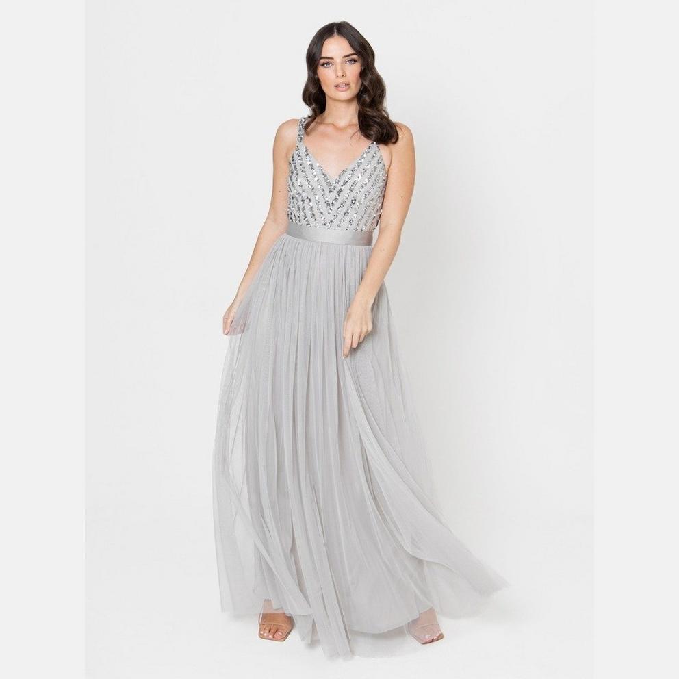 Maya Soft Grey Sleeveless Stripe Embellished Maxi Dress