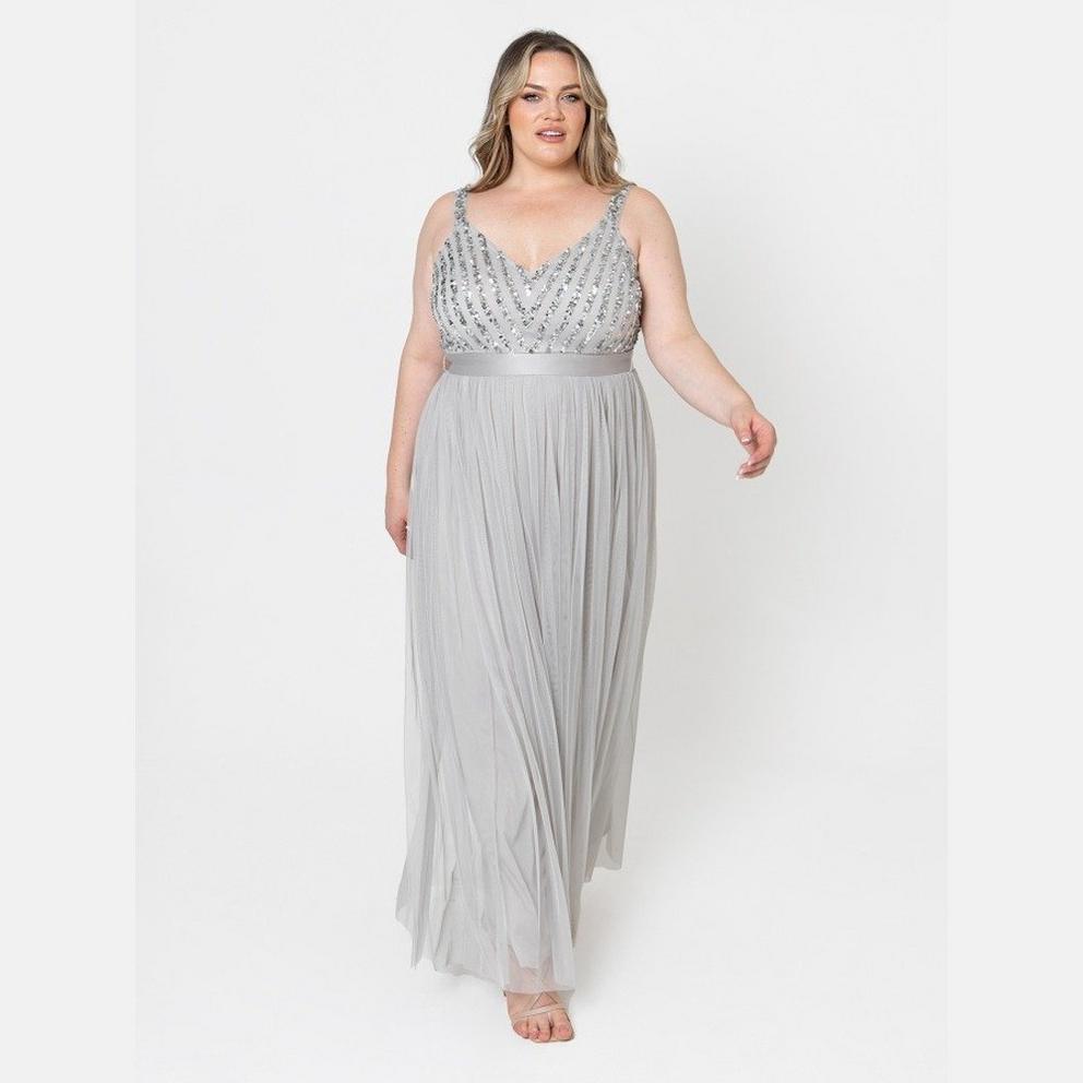 Maya Soft Grey Sleeveless Stripe Embellished Maxi Dress