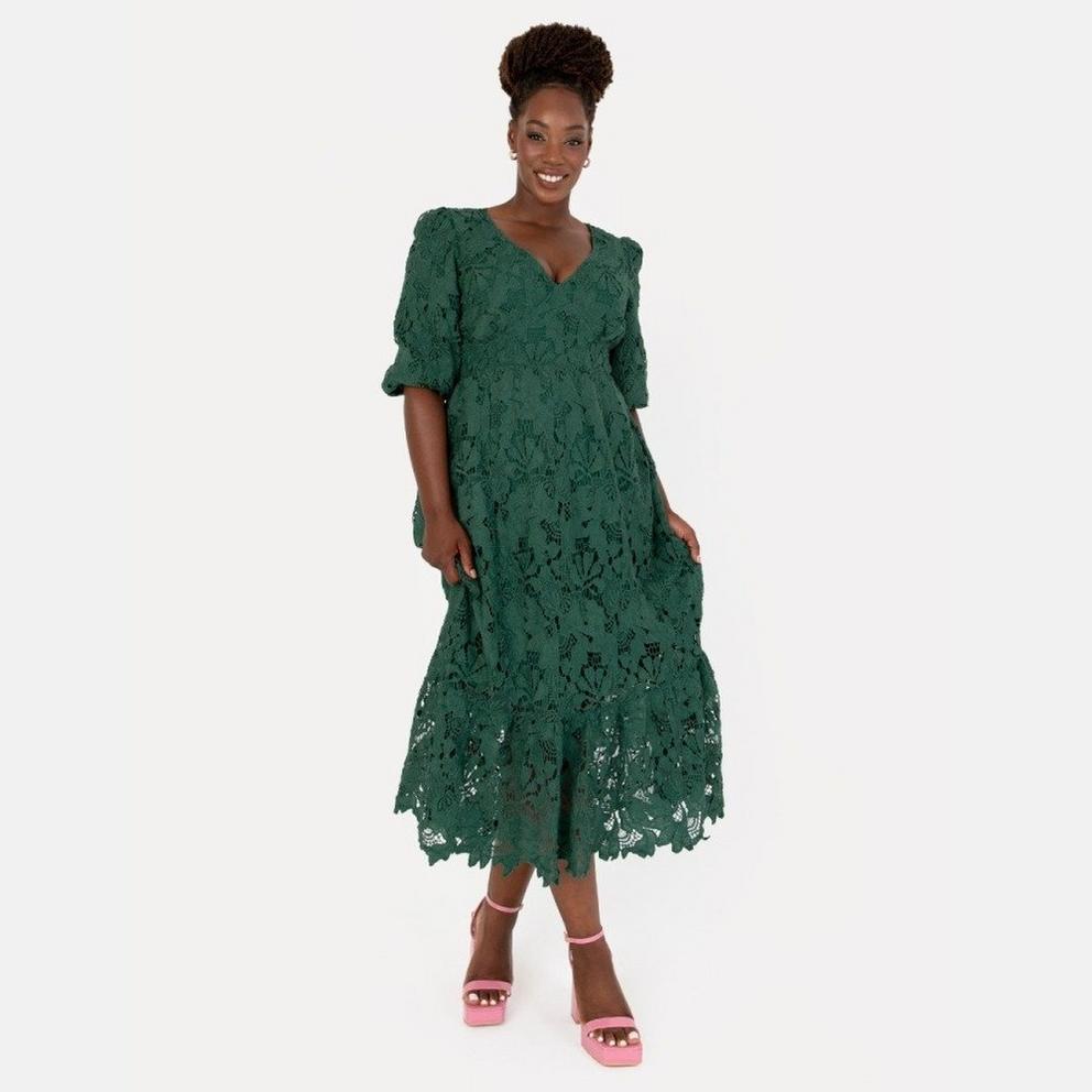 Maya Emerald Floral Lace Tie-Back Midaxi Dress