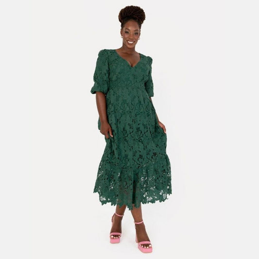 Maya Emerald Floral Lace Tie-Back Midaxi Dress
