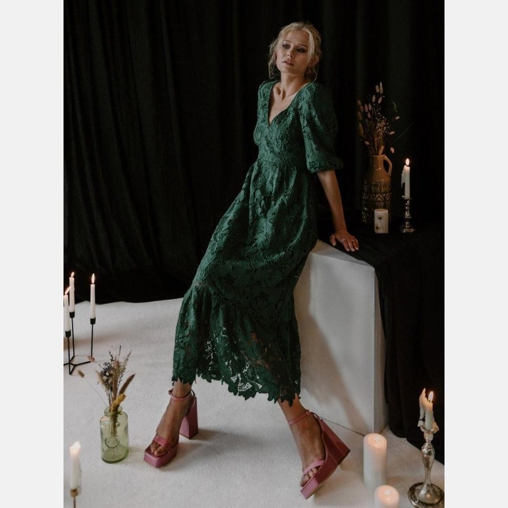 Maya Emerald Floral Lace Tie-Back Midaxi Dress