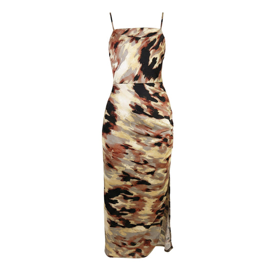 AX Paris Brown Smudge Print Strappy Ruched Side Midi Dress