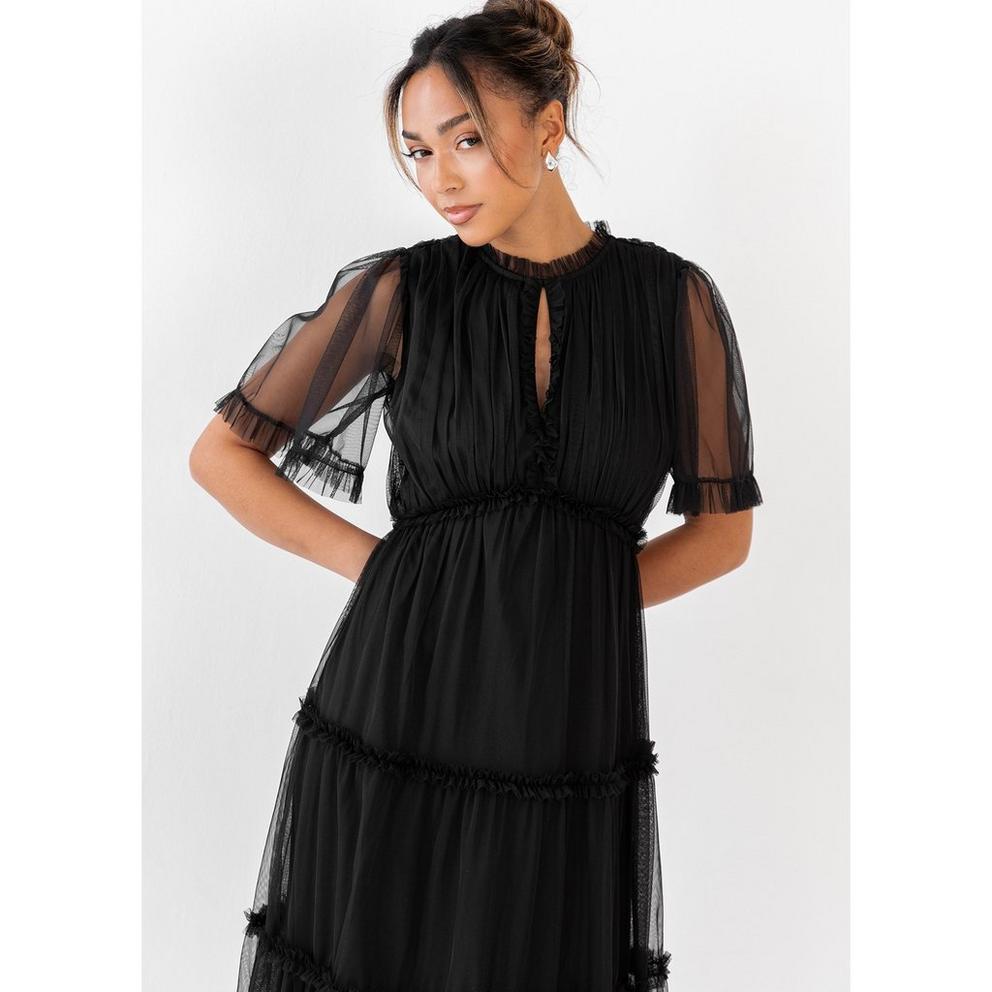 Anaya with Love Black Keyhole Detail Short Sleeve Frill Midaxi Dress