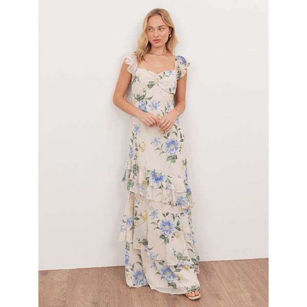 Anaya With Love Recycled Floral Flutter Sleeve Asymmetric Ruffle Maxi Dress