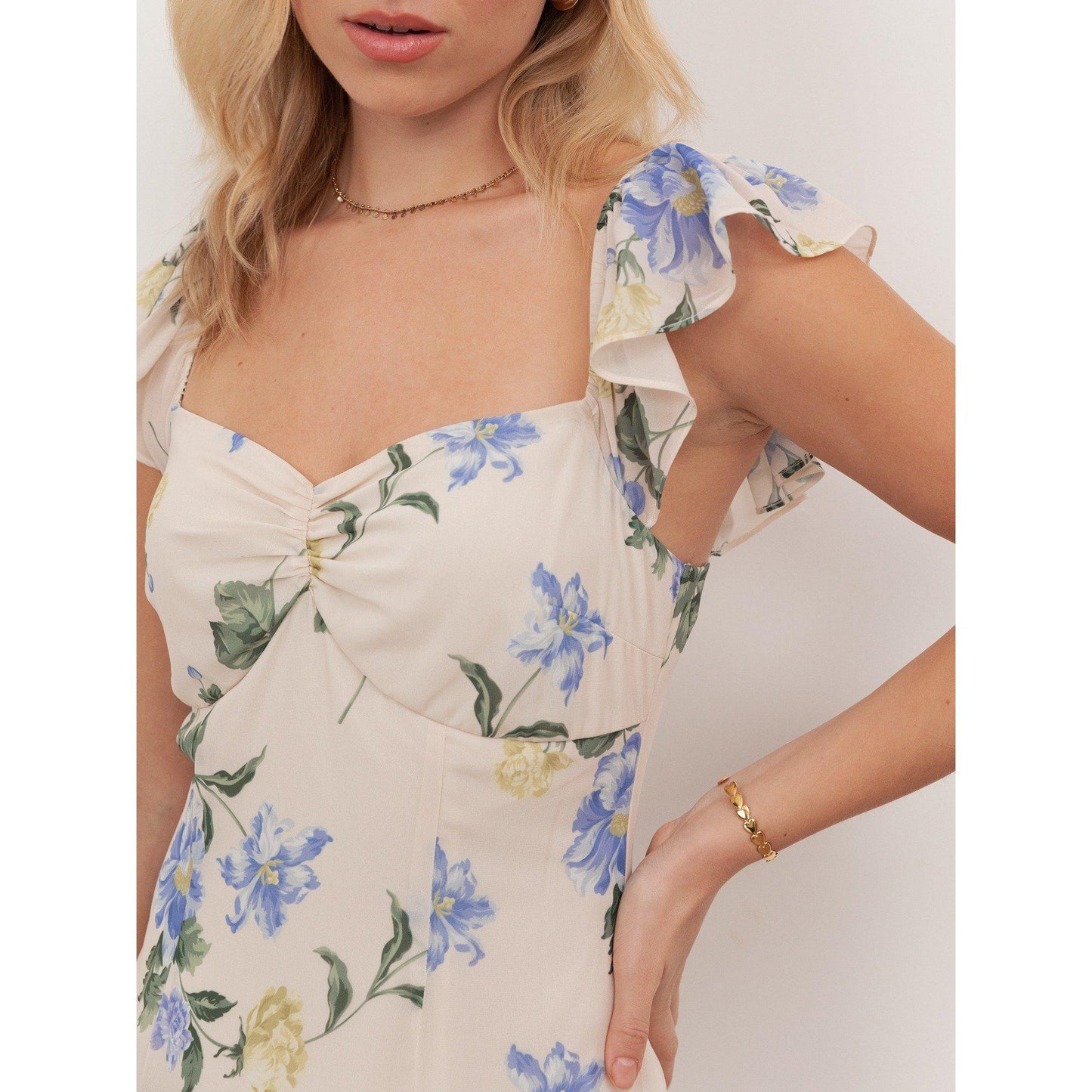 Anaya With Love Recycled Floral Flutter Sleeve Asymmetric Ruffle Maxi Dress