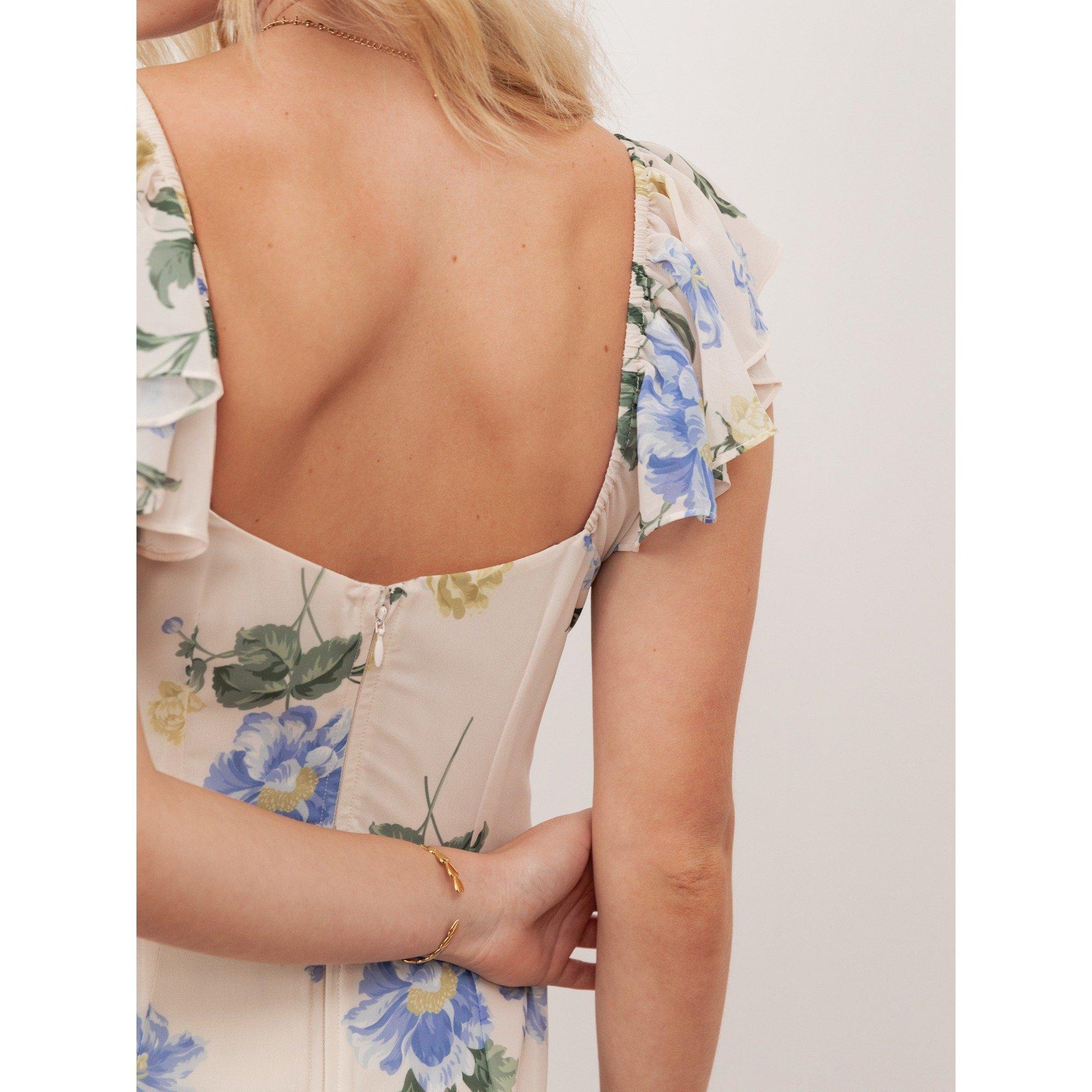 Anaya With Love Recycled Floral Flutter Sleeve Asymmetric Ruffle Maxi Dress